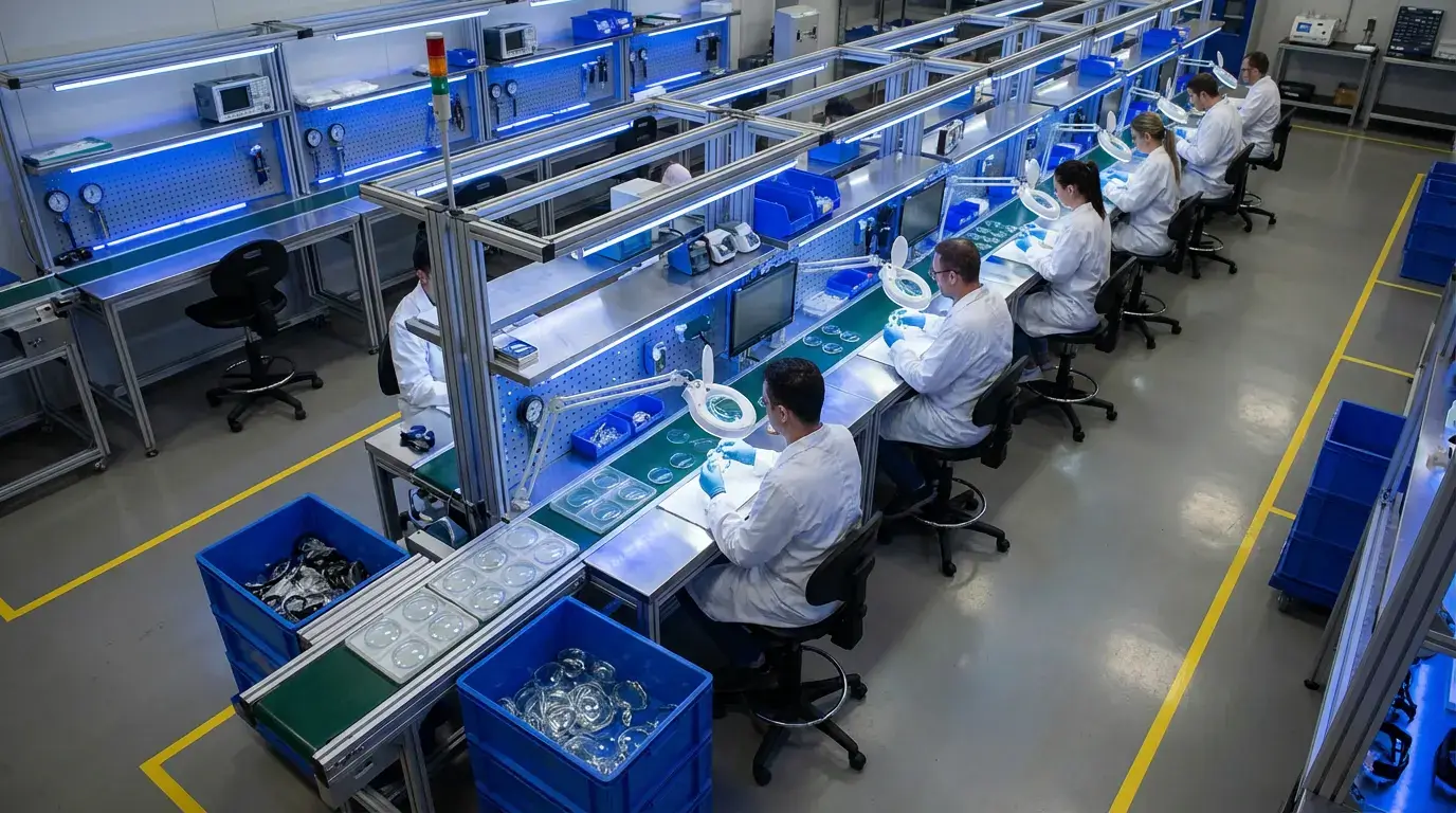 Diving mask factory production line showing lens quality inspection and manufacturing process
